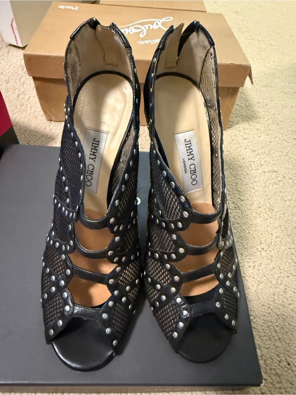 Jimmy Choo Black Studded Mesh Strappy Peep-Toe Heels